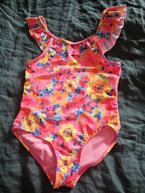 Girls One-Piece Ruffled Strap Floral Swimsuit - Neon Pink & Yellow Size 5T